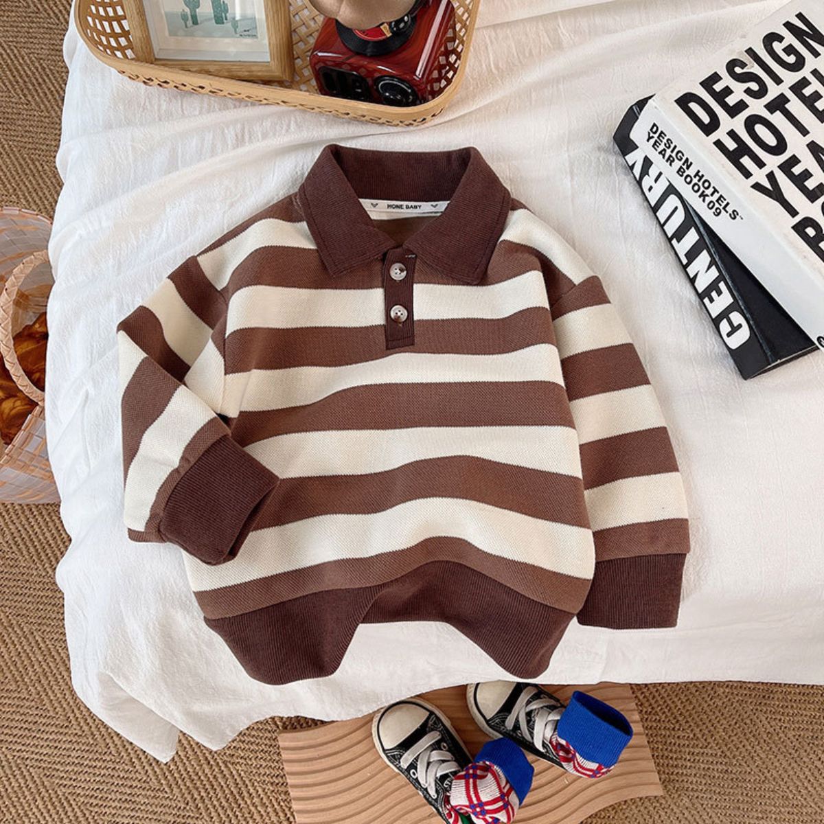 Children's Spring Striped Lapel Sweatshirt Boys Korean Tops New Cotton Spring and Autumn Long Sleeve Polo Collar Bottoming Shirt