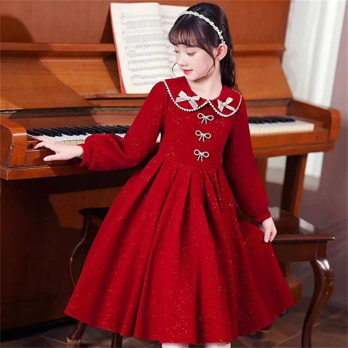 Winter solid color exquisite lady style shiny bow long sleeve dress for middle and large children girls