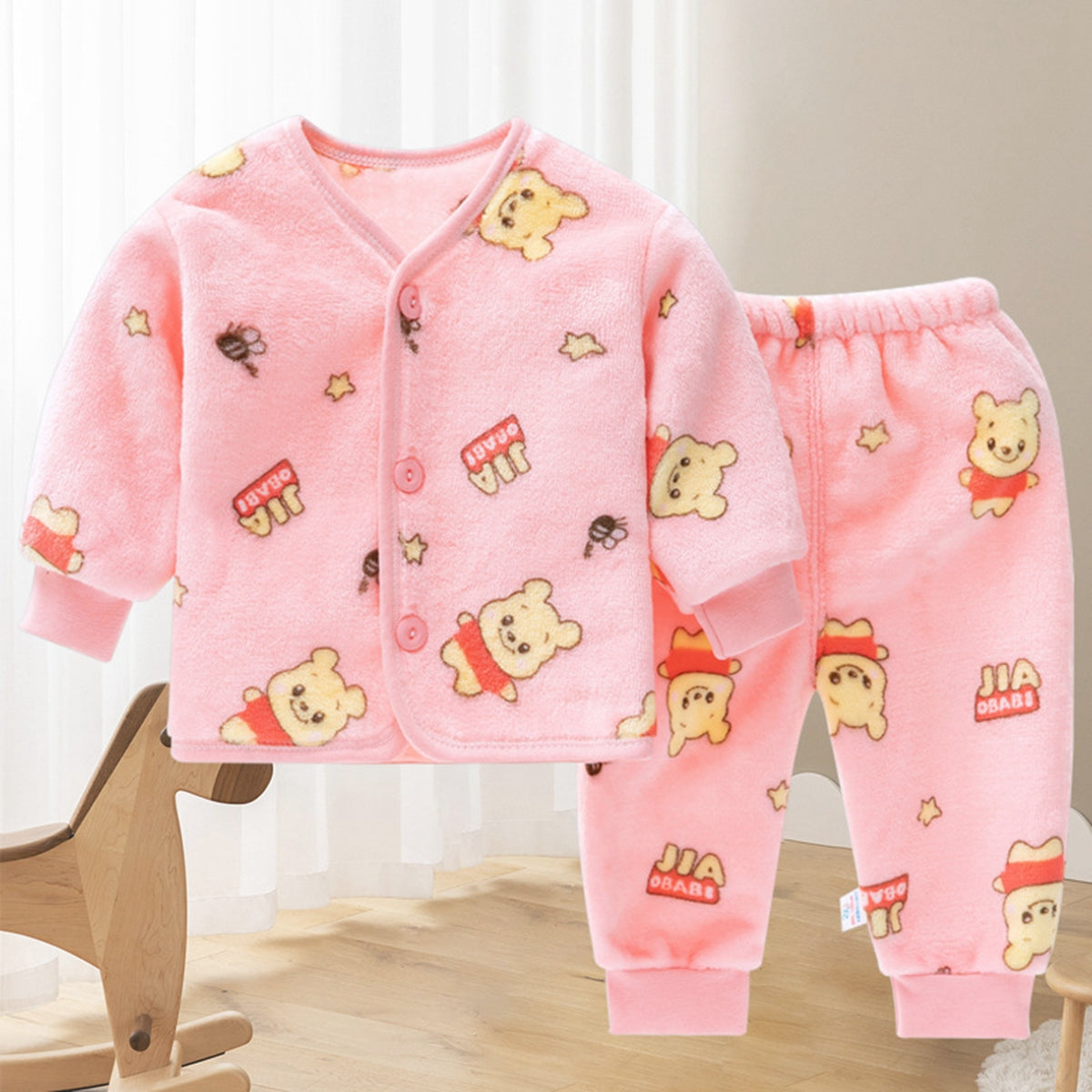 2 Pieces Baby Clothes Warm Flannel Cute Pentagram Bear Pattern Pajamas Set for Autumn and Winter