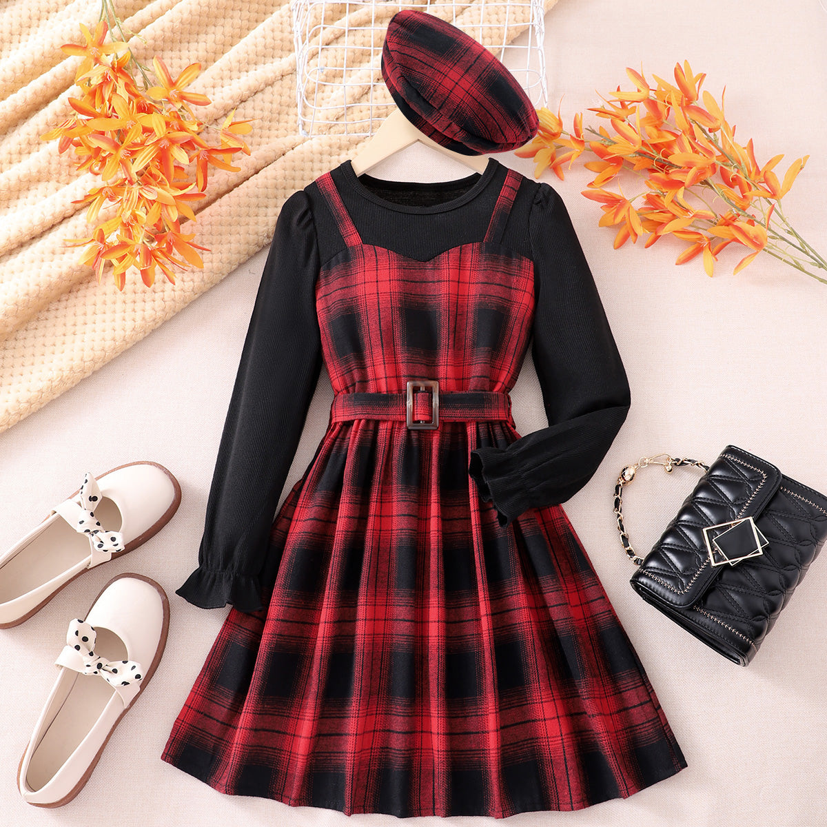 Kid Girl 2 in 1 Plaid Patchwork Belted Long Sleeve Dress with Matching Beret