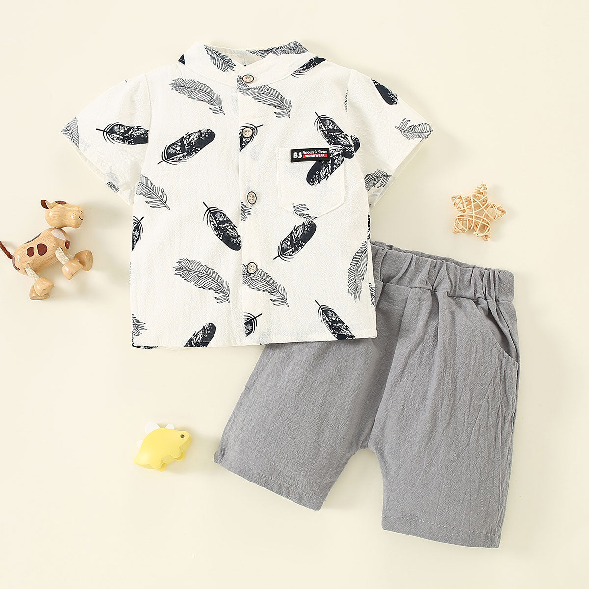 Baby Boy Feather Printed Short-sleeve Shirt & Shorts