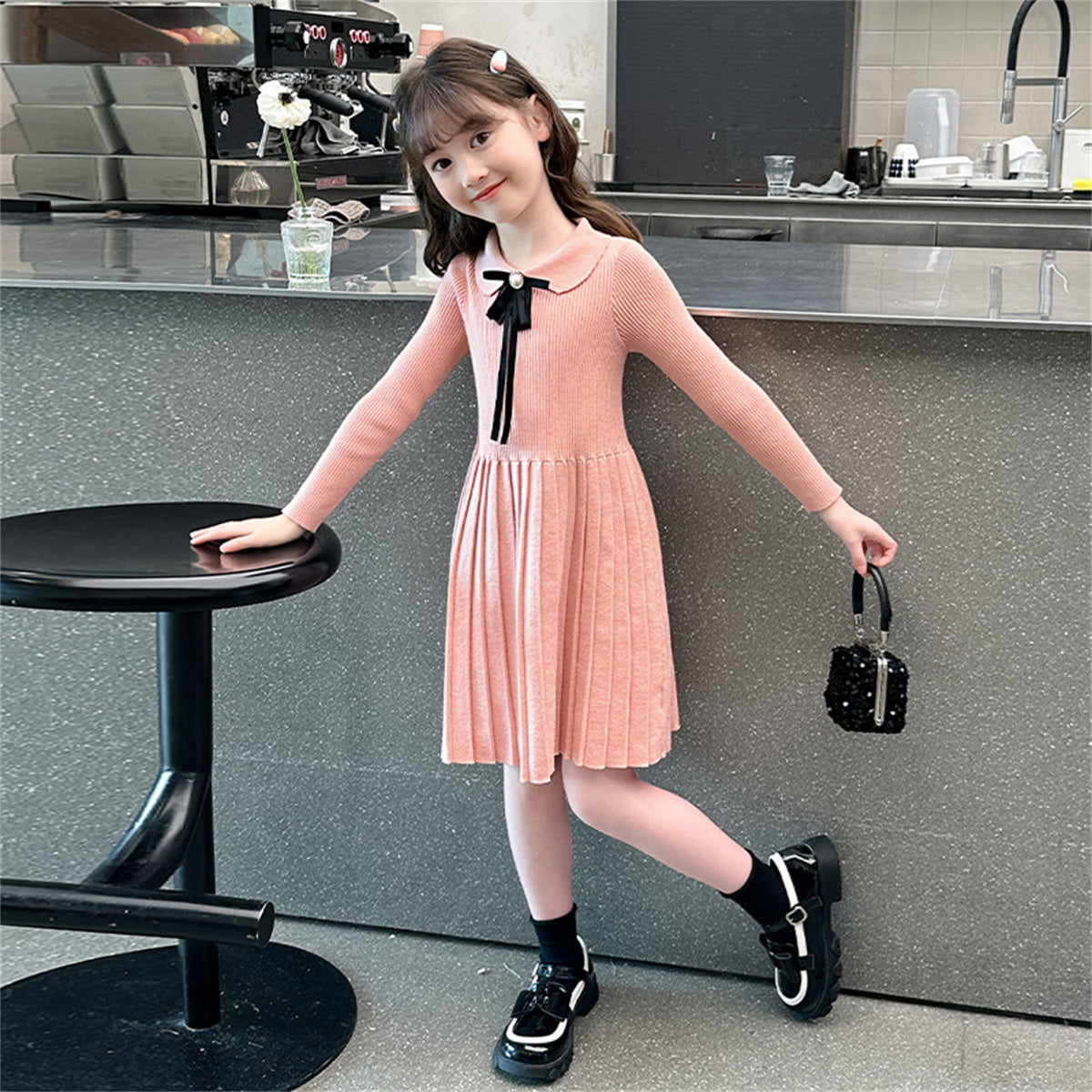 Girls Knitted Dress Cute Doll Collar Sweater Long Dress