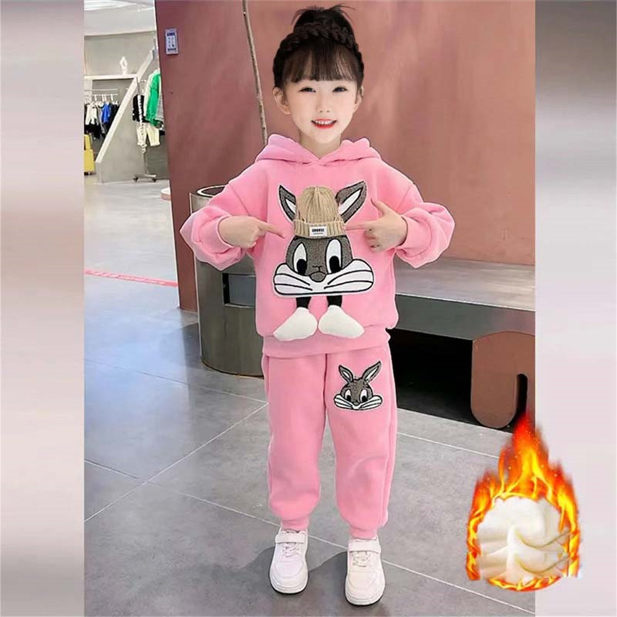 Girls autumn and winter three-piece suits plus velvet and thick sports casual style cute pattern multi-piece suit