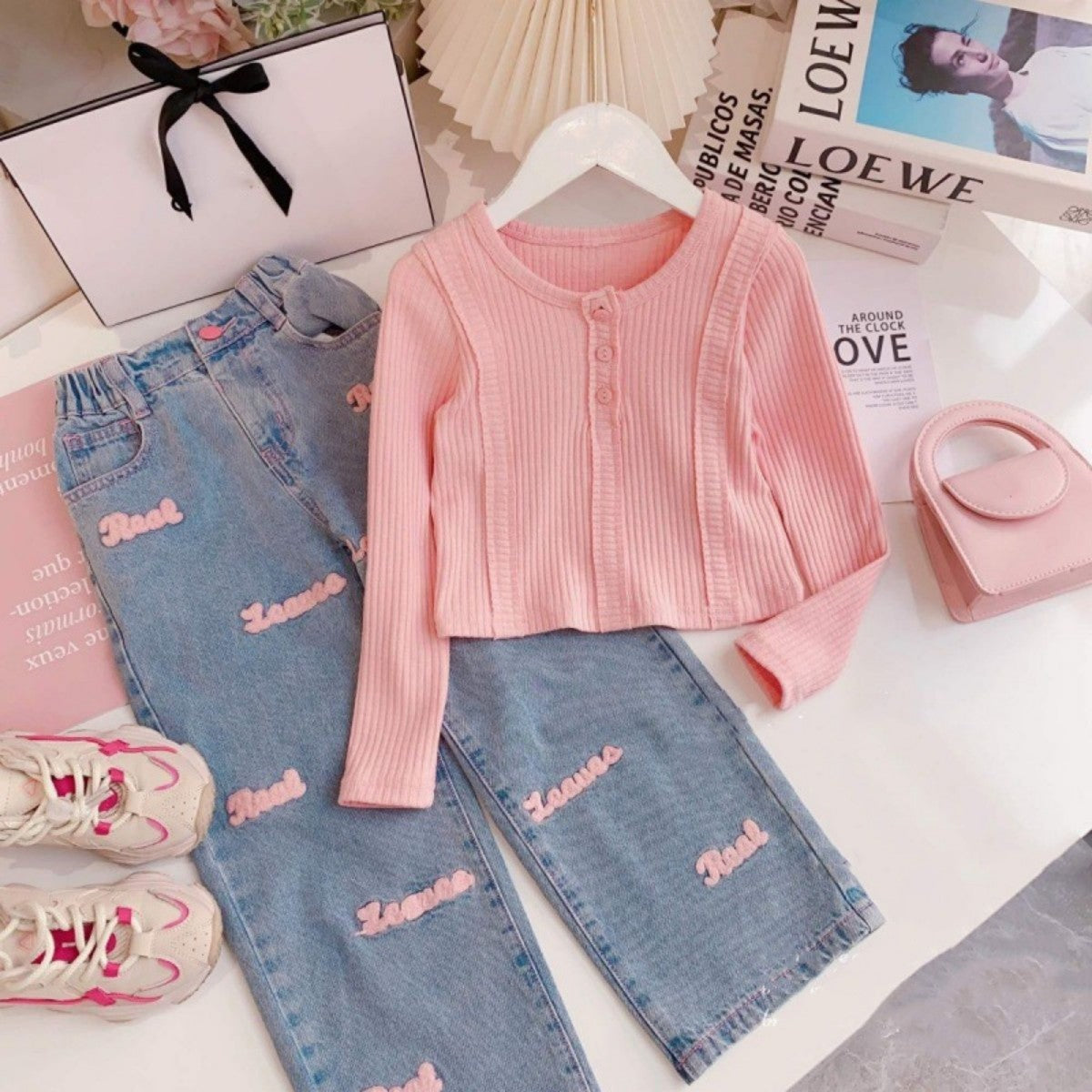 Girls suits spring new Korean style girls long-sleeved round neck waist top jeans two-piece suit