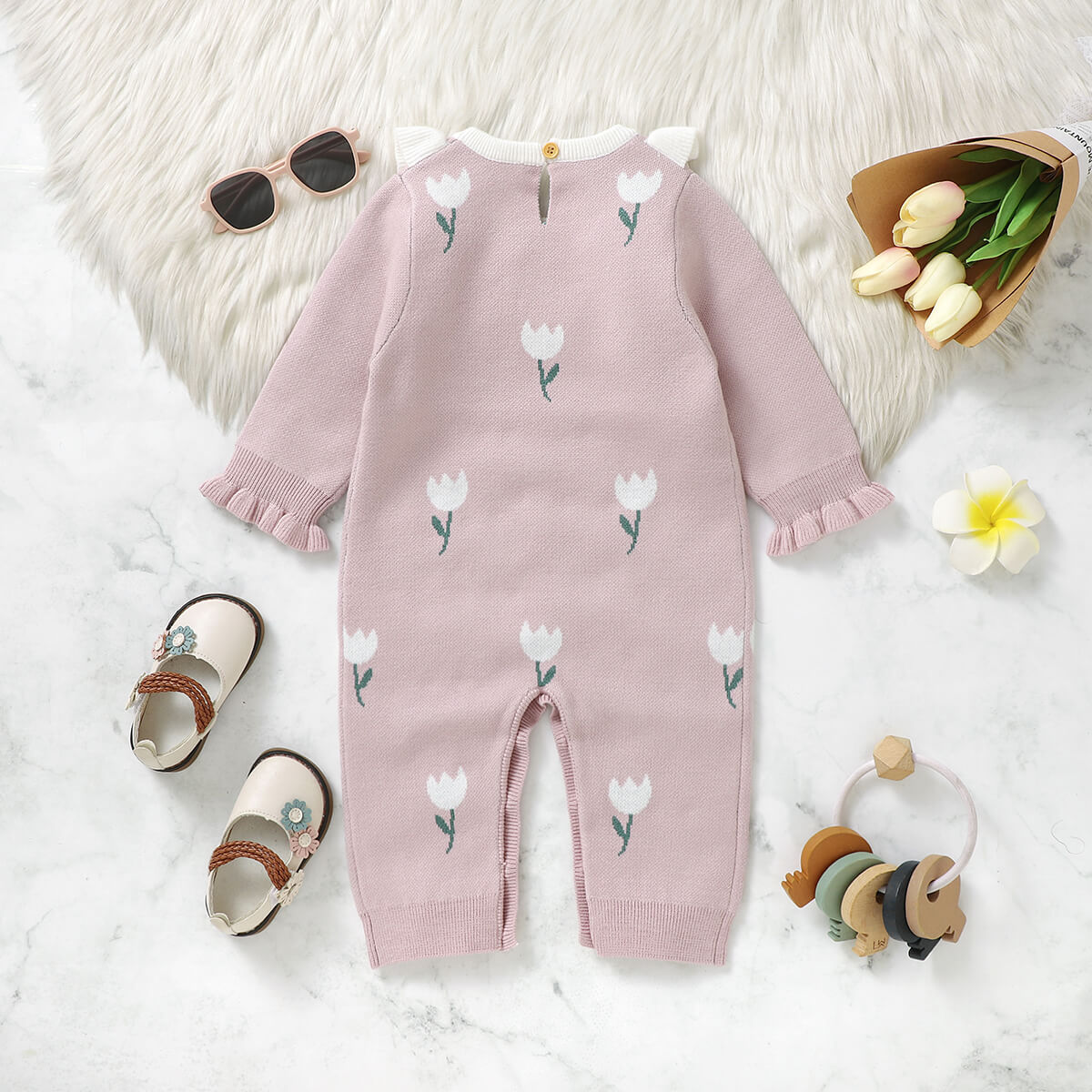 Baby autumn and winter long-sleeved tulip jacquard knitted long-legged romper