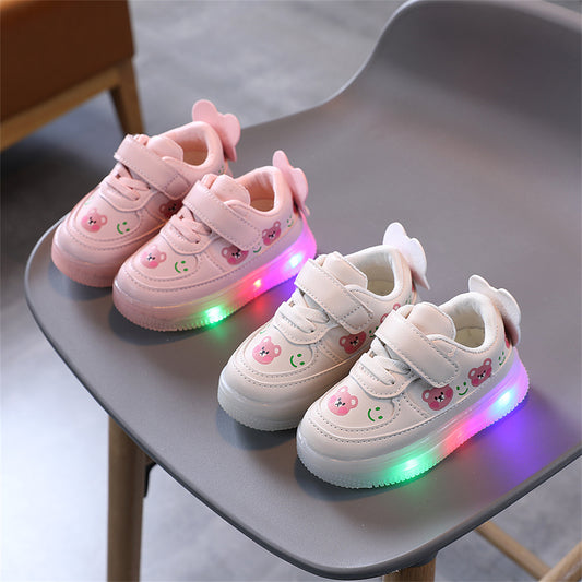 Cute pink bear style LED waterproof casual low-top sneakers for kids and girls