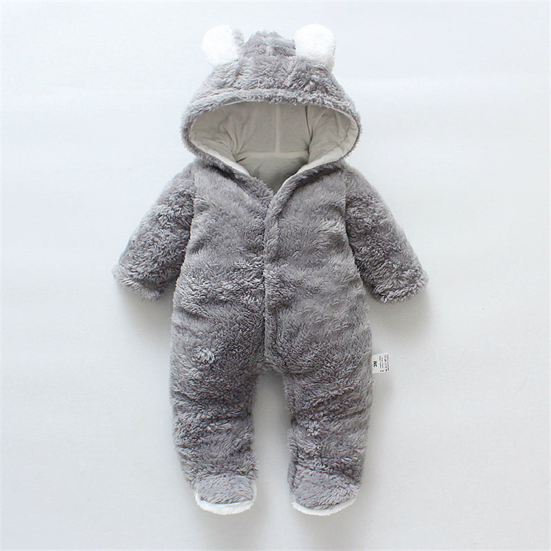 Baby Solid Color Bear Ear Plush Long-sleeved Long-leg Romper