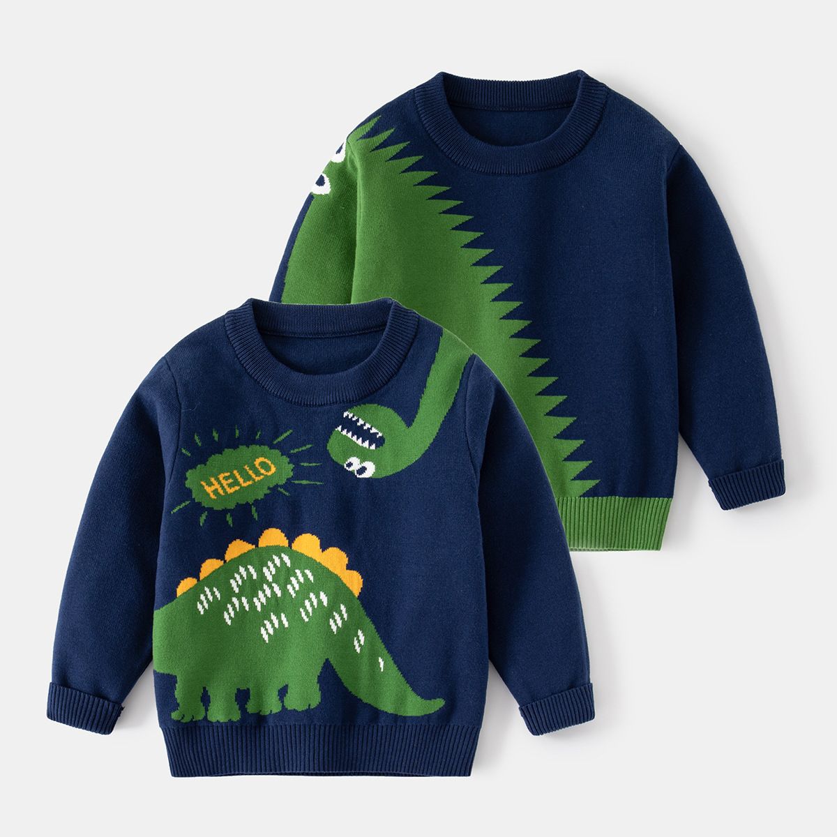 Boys Spring and Autumn Cartoon Cute Dinosaur Sweater Children's Knitted Pullover Long Sleeve Bottom Knitted Round Neck Sweater