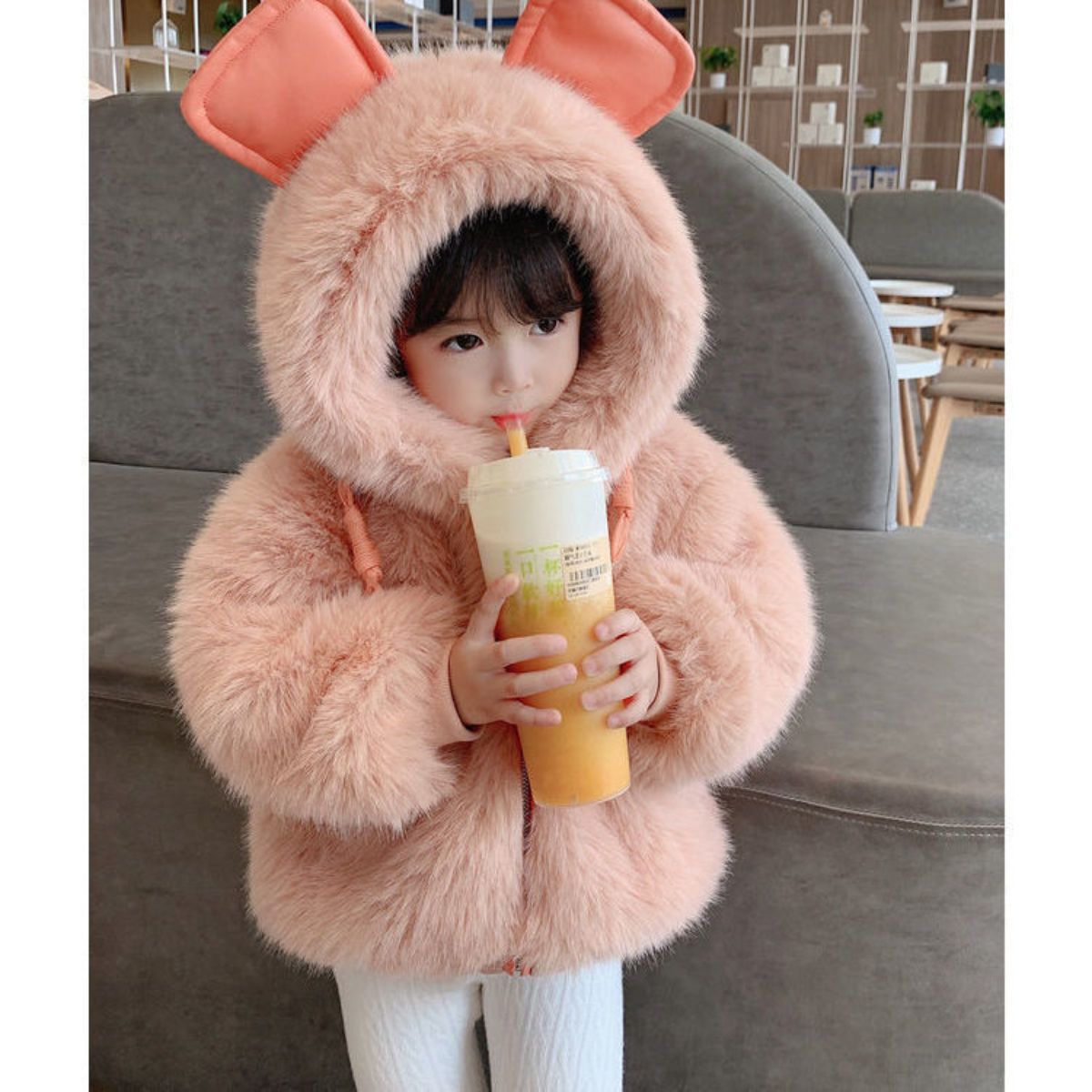 Girls thick fur hooded coat