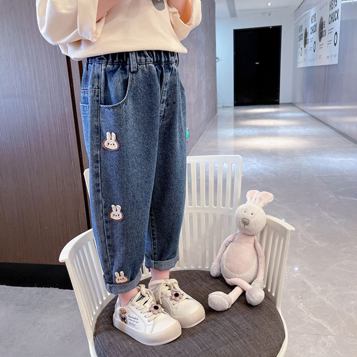 Girls jeans all-match cartoon bunny pattern small and medium children's baby casual trousers