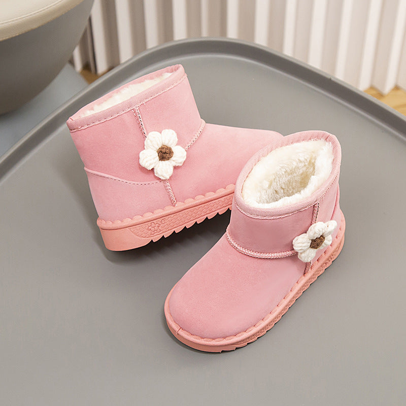 Winter solid color simple flower style warm casual snow boots high top cotton shoes for middle and large children girls