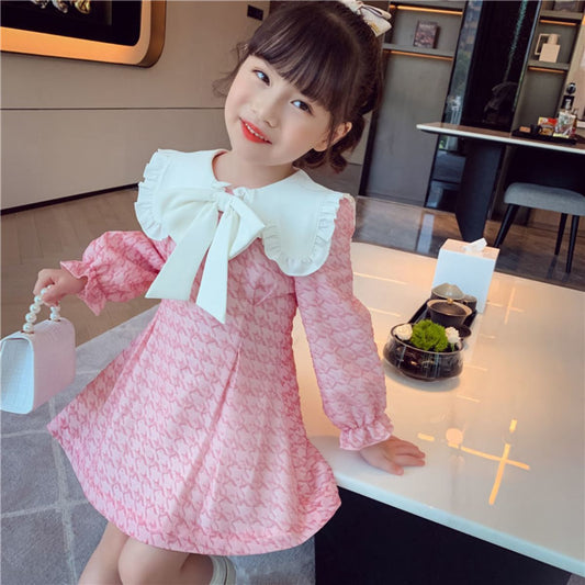 Girls dresses new spring and autumn children's sweet bow princess dresses for middle and large children long-sleeved skirts children's clothing