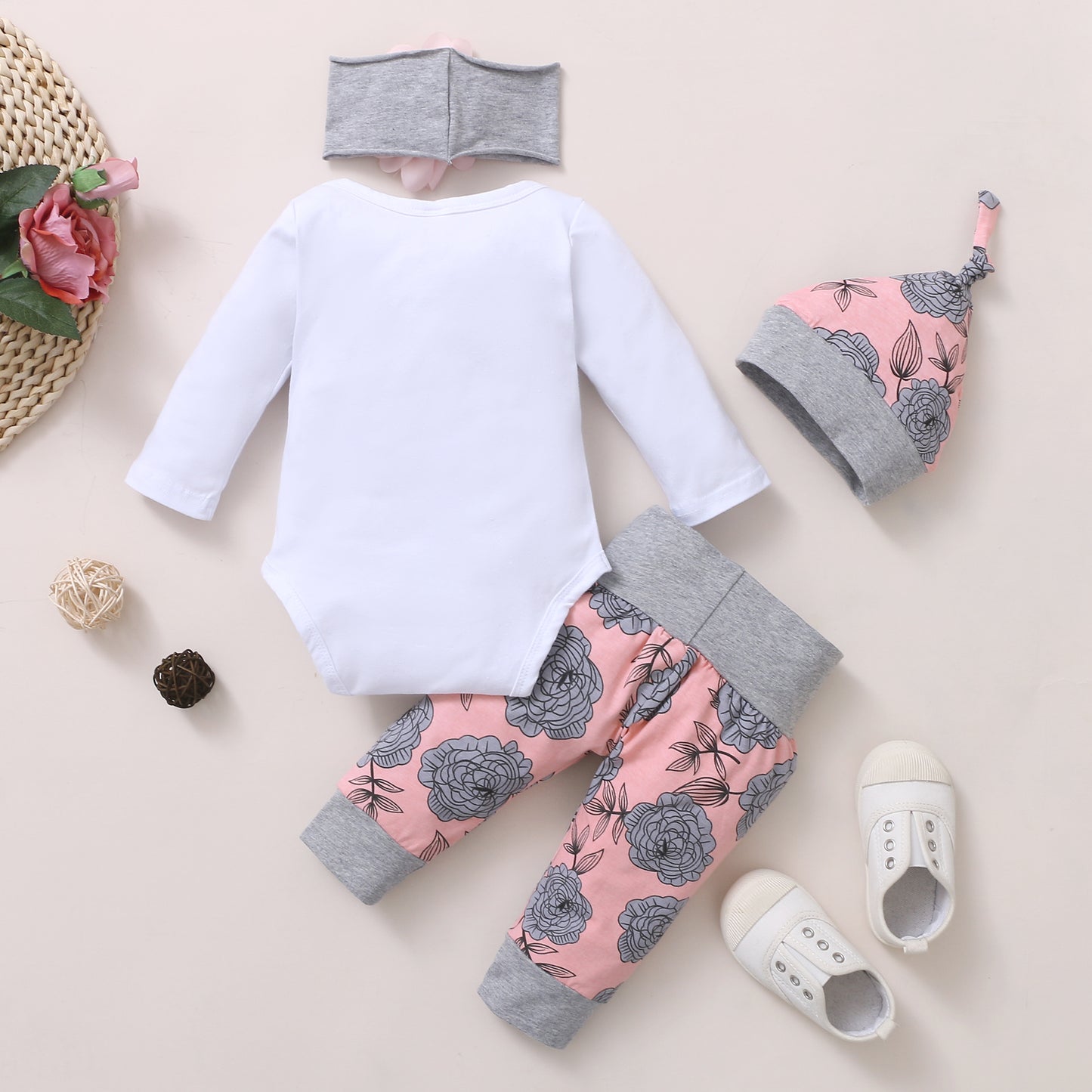 Baby Girl Letter Printed Romper & Floral Pants & Headband With Hat 4 Pcs