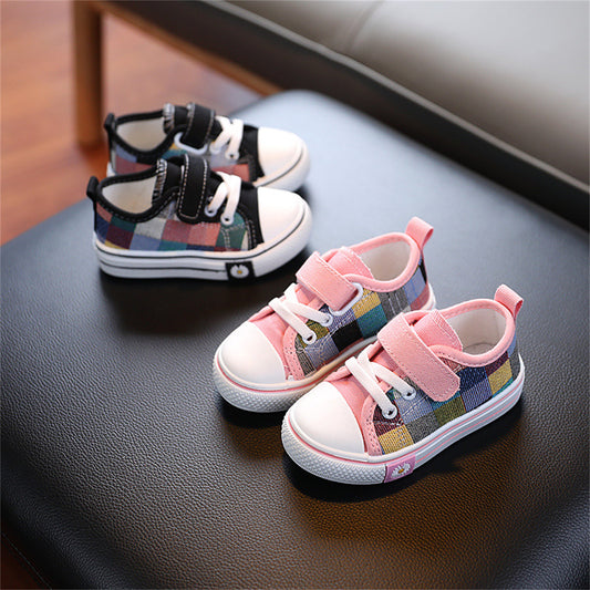 Children's and boys' spring and autumn British style color matching knitted non-slip Velcro low-top canvas shoes