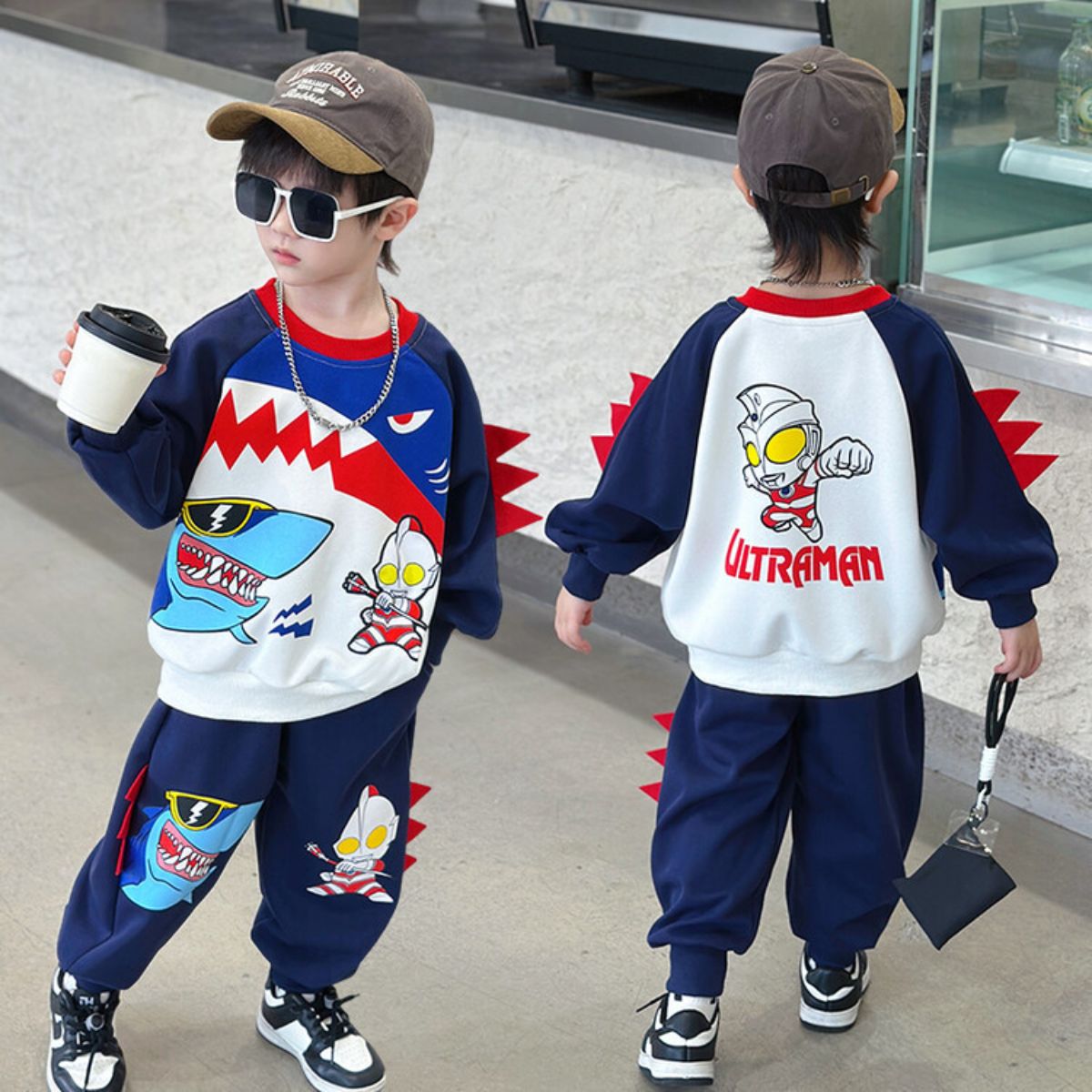 Boys Spring and Autumn Clothes Sawtooth Shark Ultraman Suit Children's Handsome Sweater Sports Baby Clothes Cool