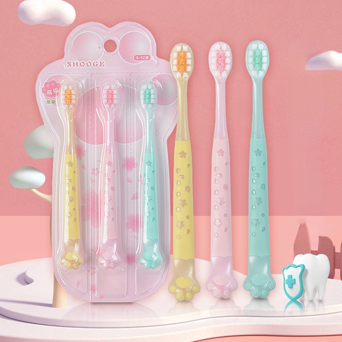 Cartoon cat claw children&#39;s soft bristle toothbrush 3 pack