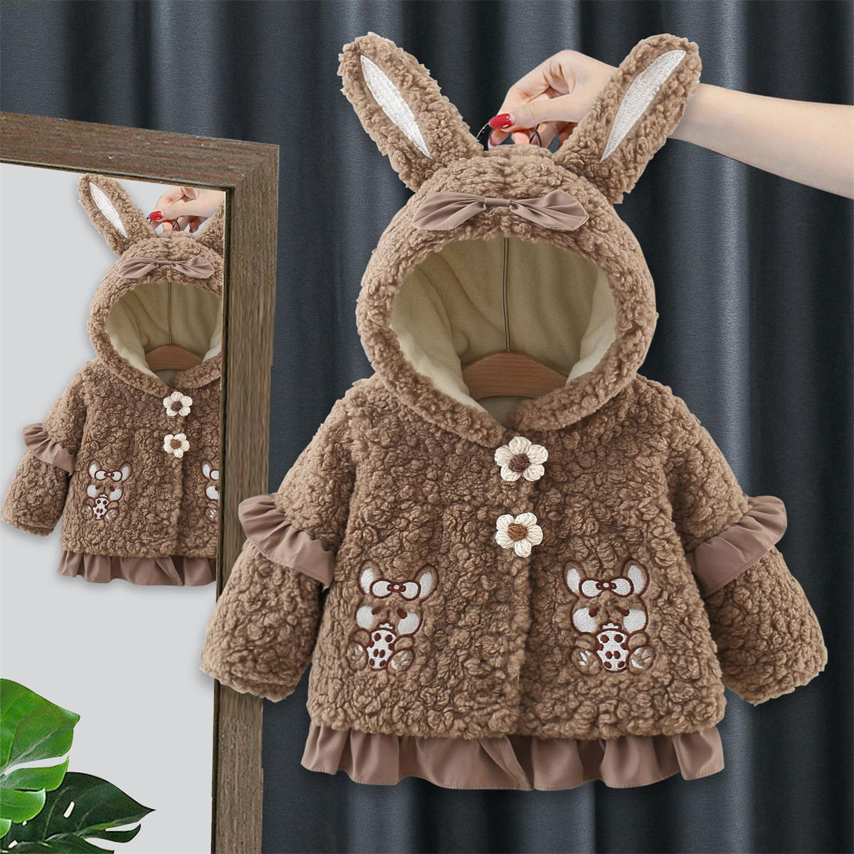 Girls autumn and winter plush rabbit hat coat cotton coat