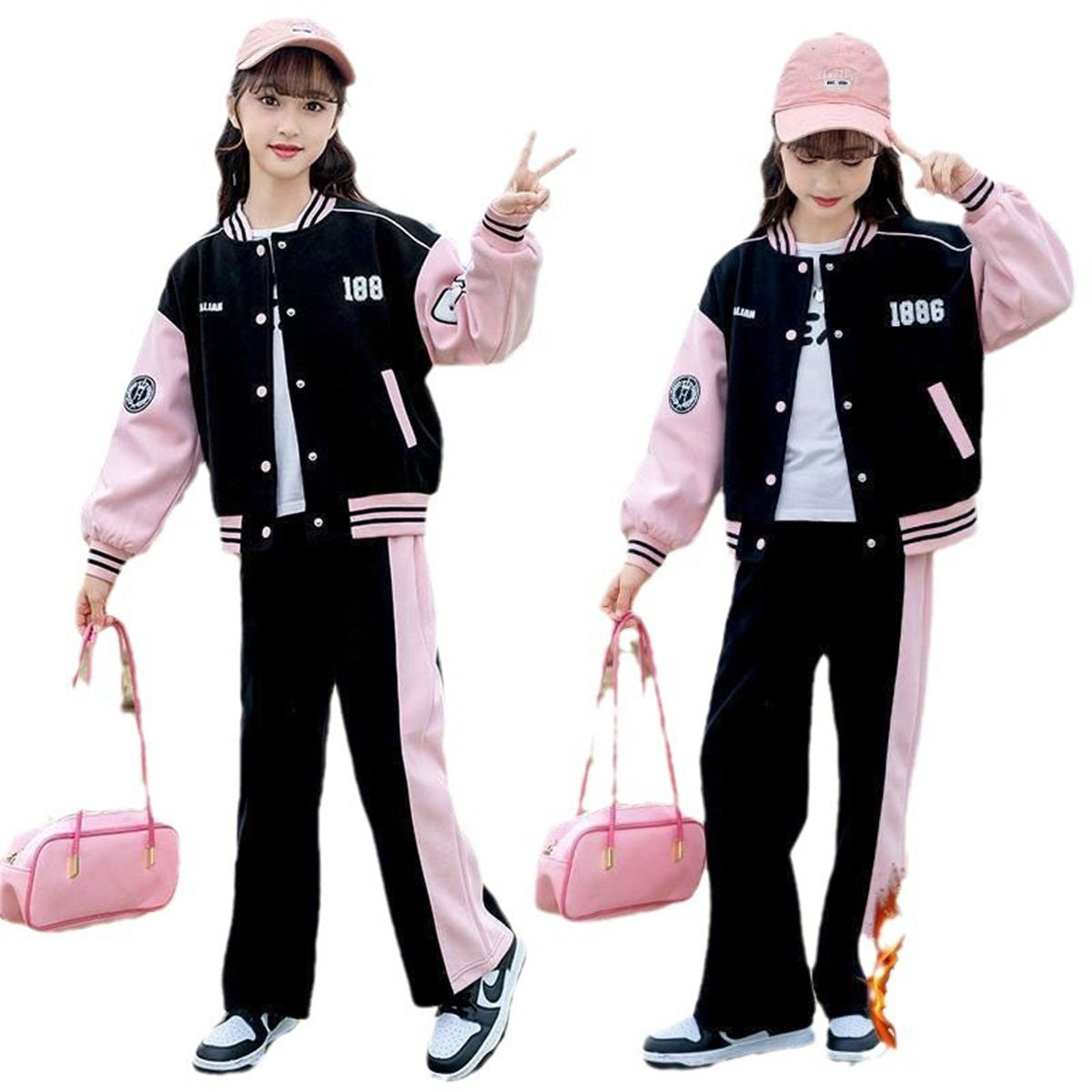 Autumn color matching simple sports style baseball uniform suit for middle and large children and girls