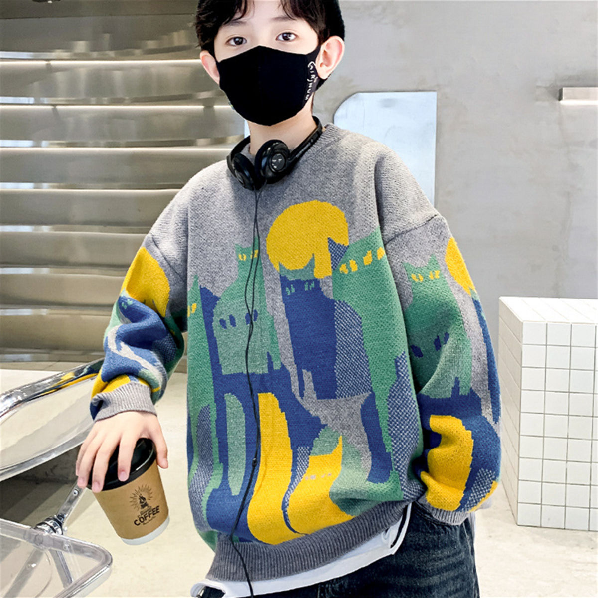 Winter cute cat pattern knitted pullover sweater for middle and large boys