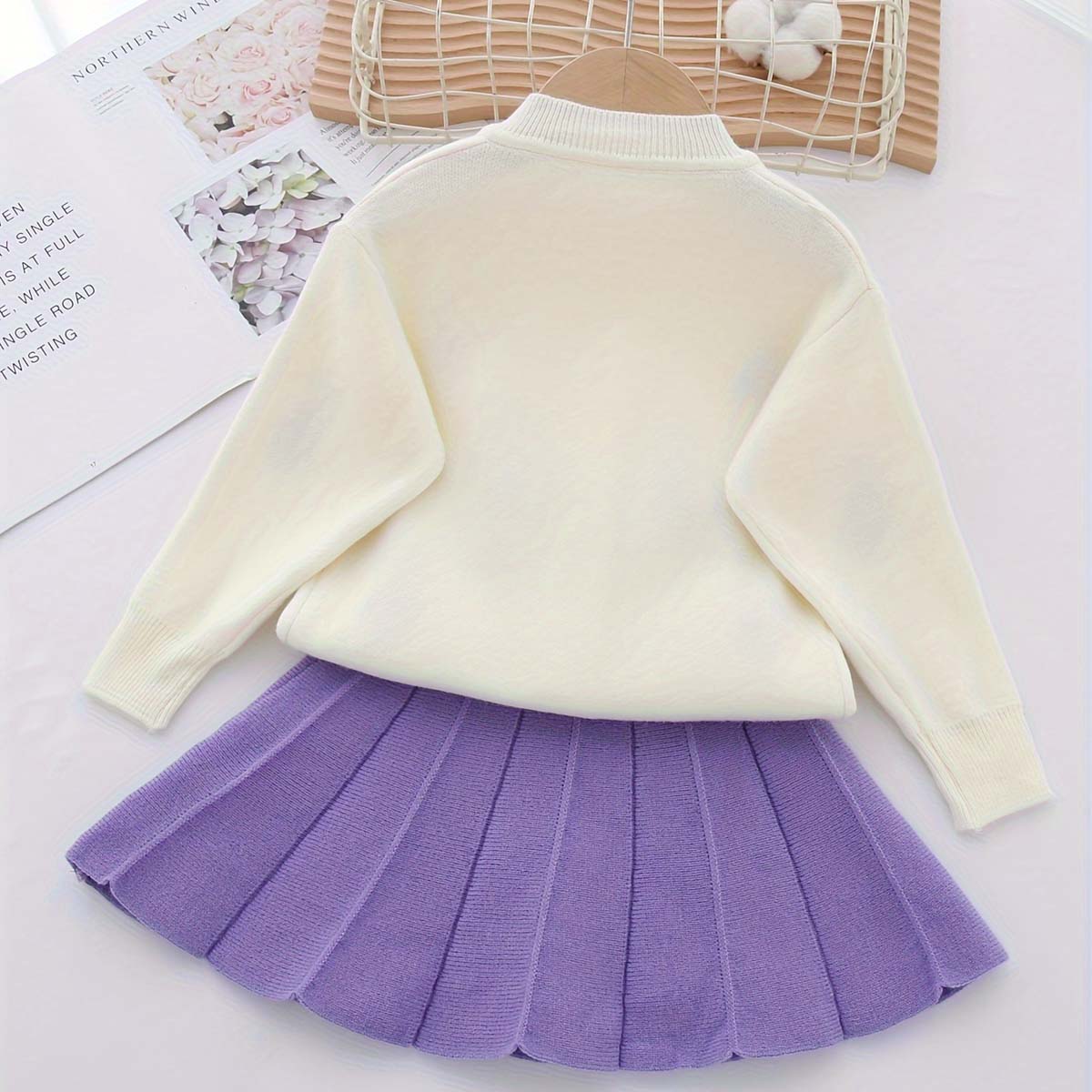 New arrival sweet girls flower knitted cardigan wool skirt two-piece set girls strawberry sweater suit skirt