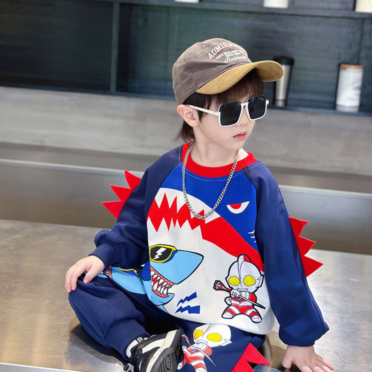 Boys Spring and Autumn Clothes Sawtooth Shark Ultraman Suit Children's Handsome Sweater Sports Baby Clothes Cool