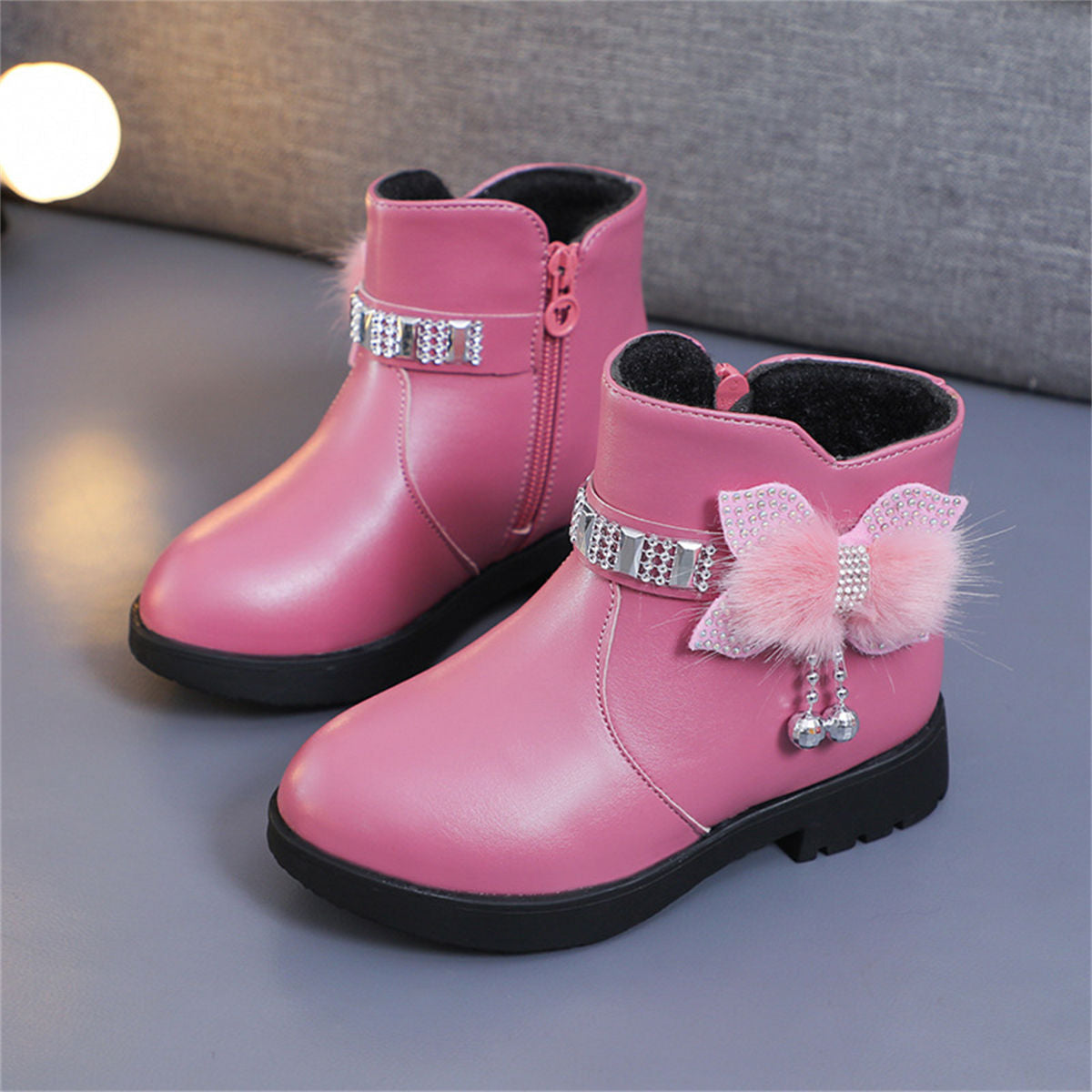 Cute furry and diamond warm waterproof Martin boots for girls in winter