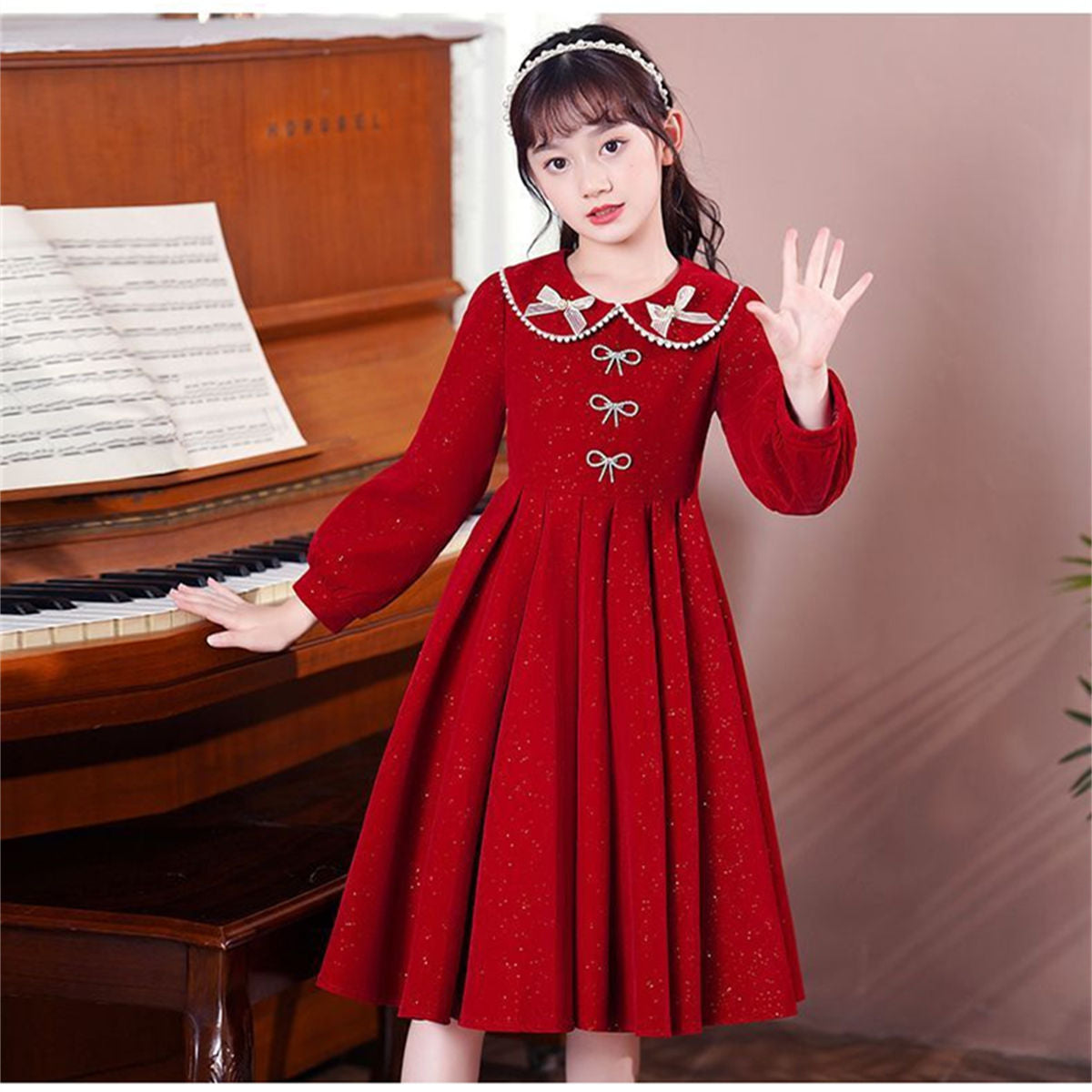 Winter solid color exquisite lady style shiny bow long sleeve dress for middle and large children girls