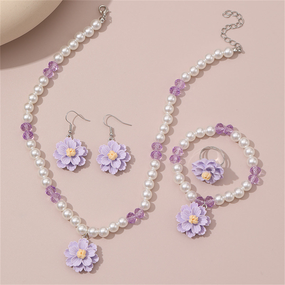 Children's 4-piece design sweet style imitation pearl flower pendant jewelry set