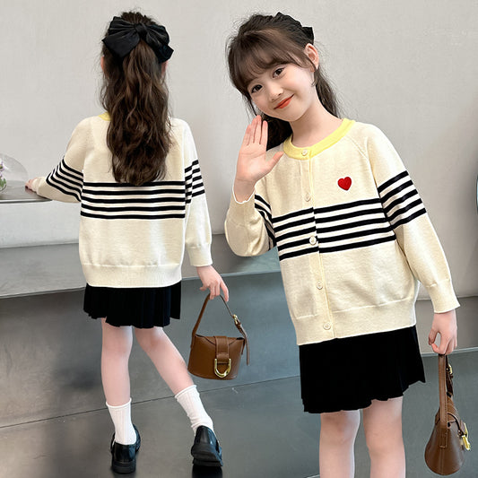 Sweet cotton outerwear sweater striped children's knitted top