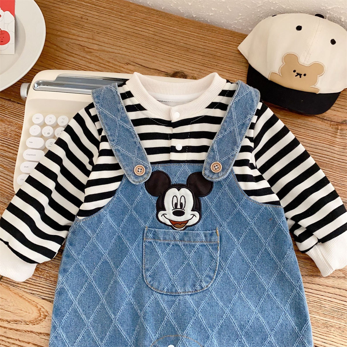 Baby cartoon Mickey fake two-piece striped romper one-year-old dress