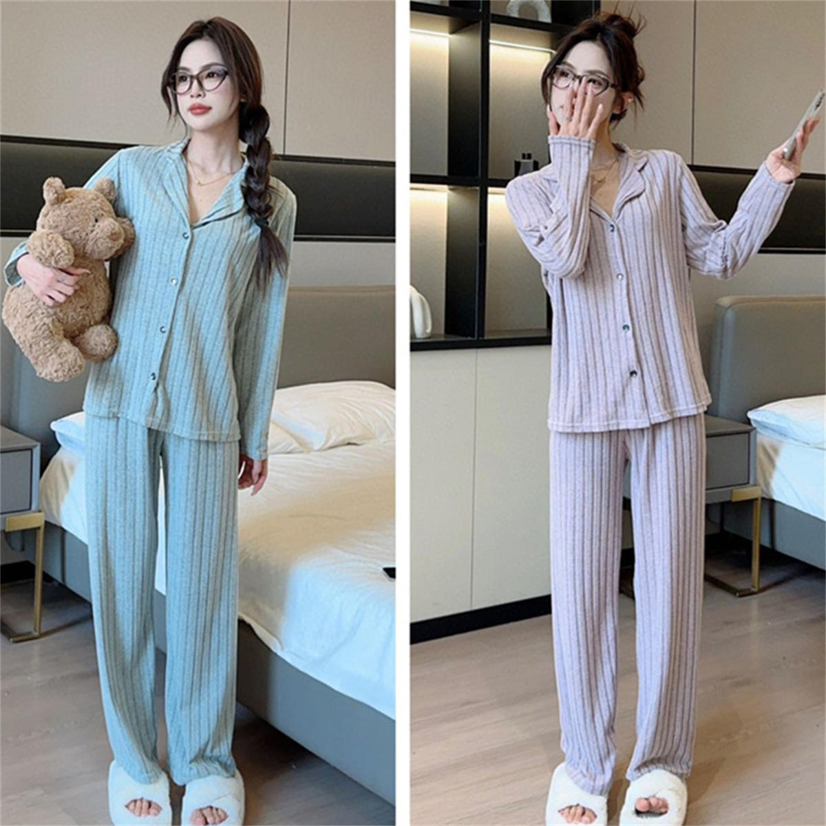 Simple Brushed Striped Women's Autumn and Winter Pajama Set