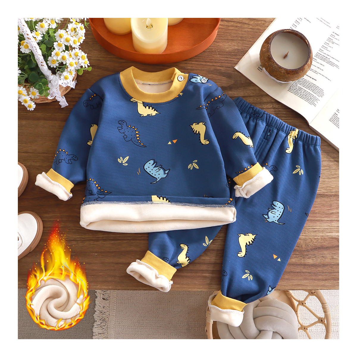 Full print cute dinosaur home clothes thickened velvet warm autumn and winter suit