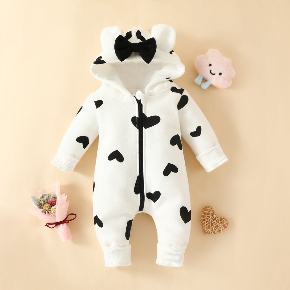 Baby Girl Allover Heart Printed Bowknot Decor Hooded Long-sleeved Long-leg Romper