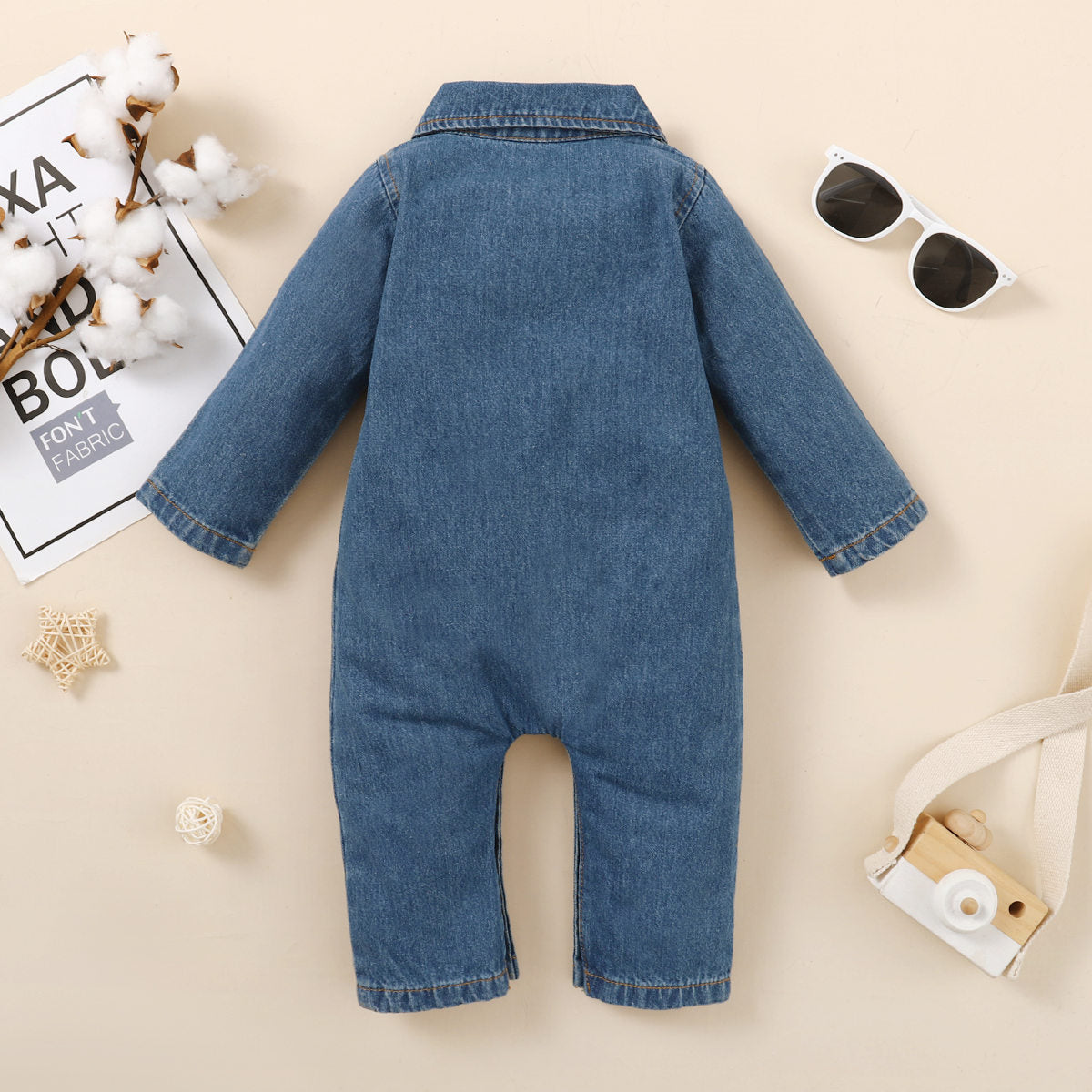 Baby Solid Color Pocket Front Button Decor Shirt Collar Long-sleeved Long-leg Denim Romper