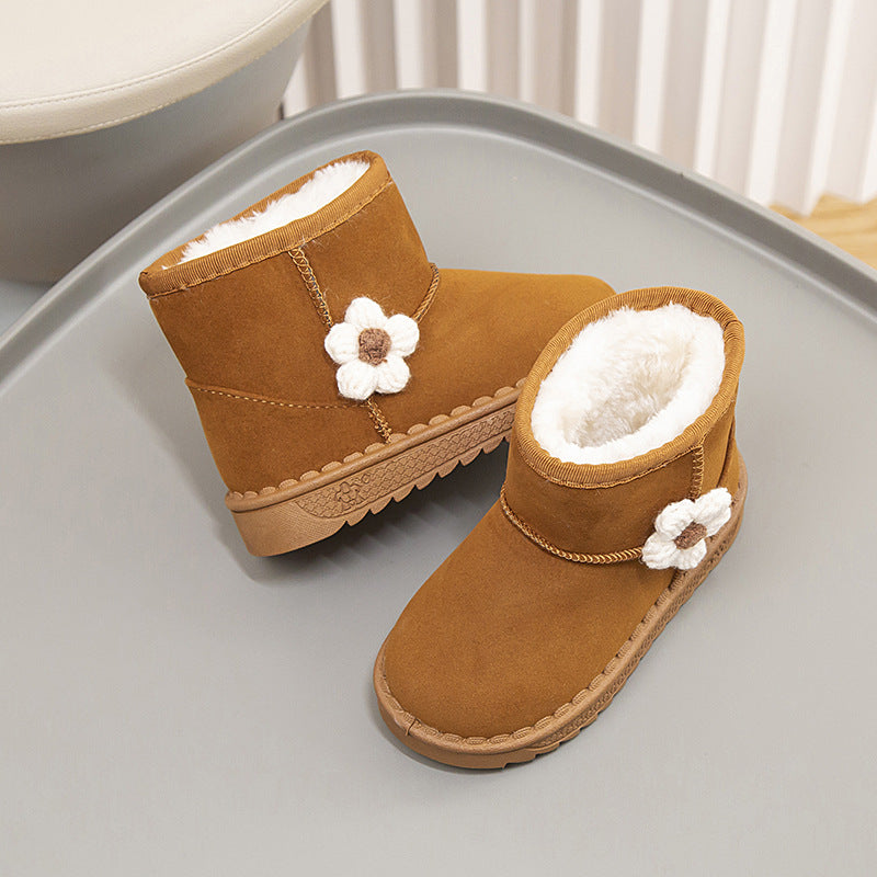 Winter solid color simple flower style warm casual snow boots high top cotton shoes for middle and large children girls