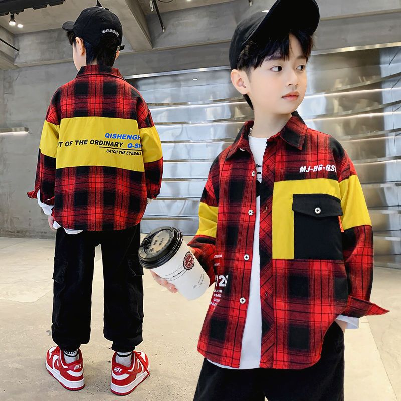 Middle and large boys' plaid shirt long sleeve top