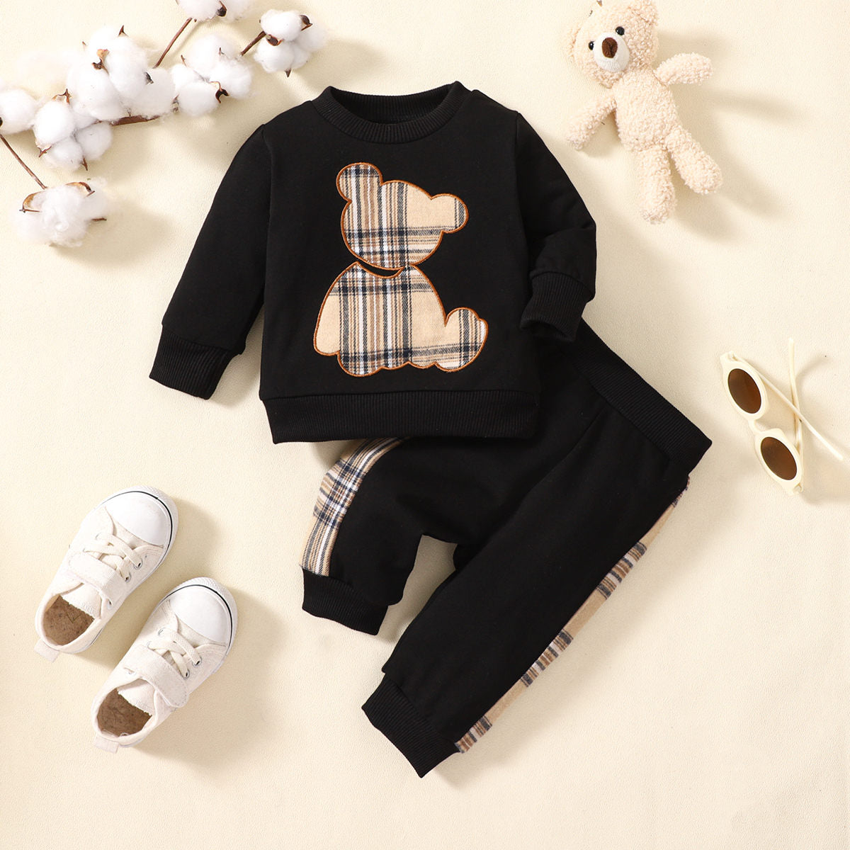 2-piece Baby Boy Plaid Bear Patchwork Long Sleeve Top & Plaid Patchwork Cropped Pants