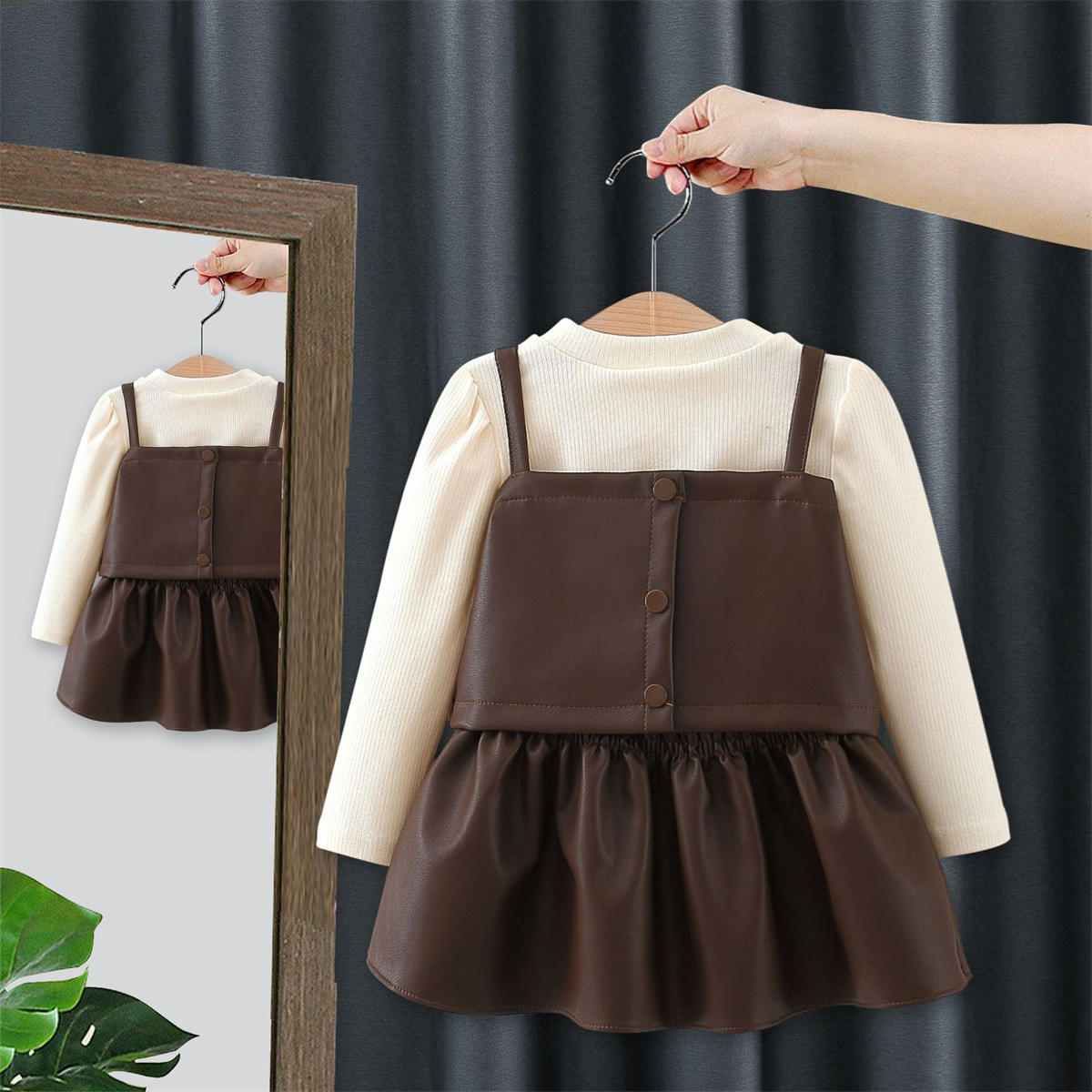 Girls Spring and Autumn Leather Skirt 3-piece Set Bottoming Shirt T-shirt Set