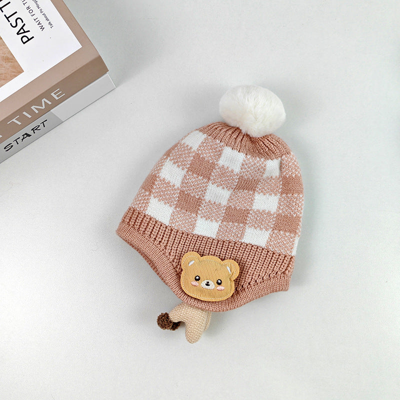 Children's boys and girls cute doll bear plaid knitted warm pullover wool hat