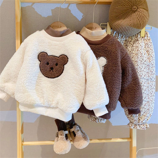 Girls lamb wool round neck long sleeve sweater winter new style little girl cartoon plus velvet thickened top baby