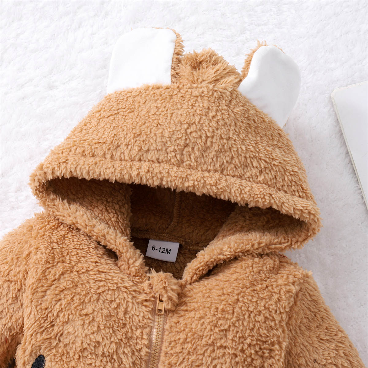 Autumn and winter baby hooded bear shape embroidered zipper jumpsuit