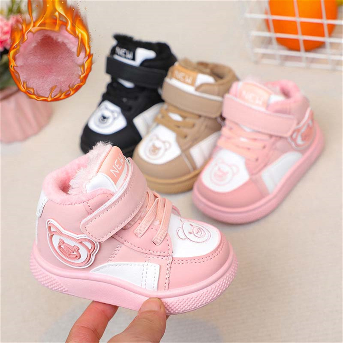 Cute bear warm, wear-resistant and non-slip Velcro cotton boots for boys and girls