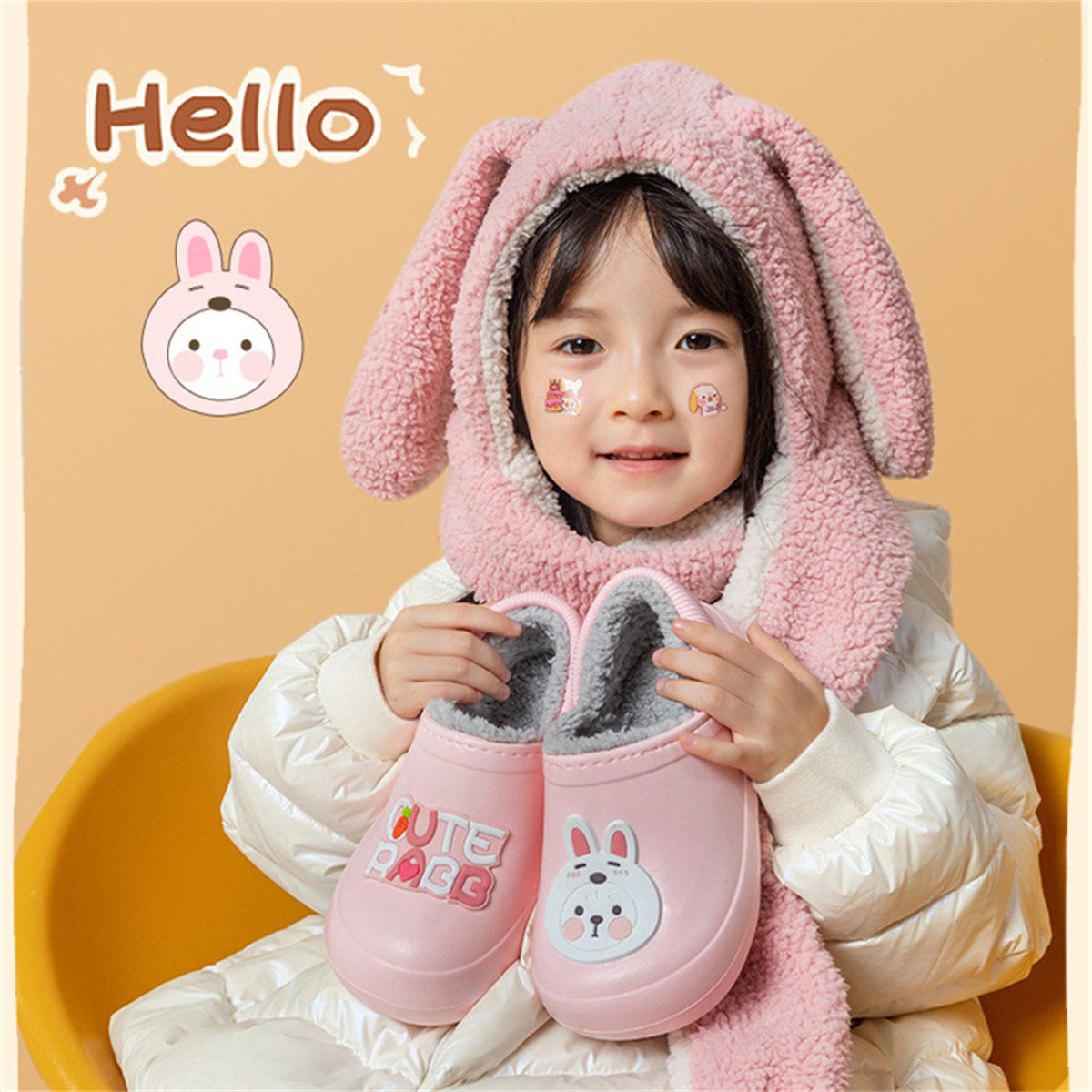 Children's boys and girls autumn and winter cute patterns indoor non-slip home waterproof plus velvet cotton slippers