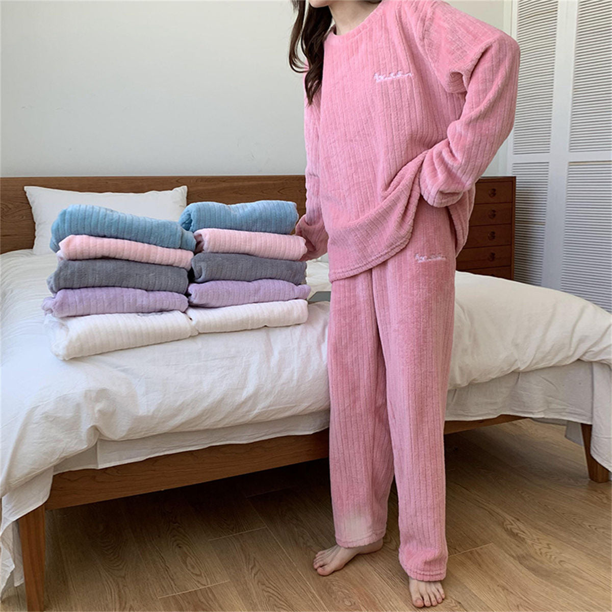 Coral Fleece Pajamas Women's Long Sleeve Thickened Home Clothes Peach Comfort Cotton Set