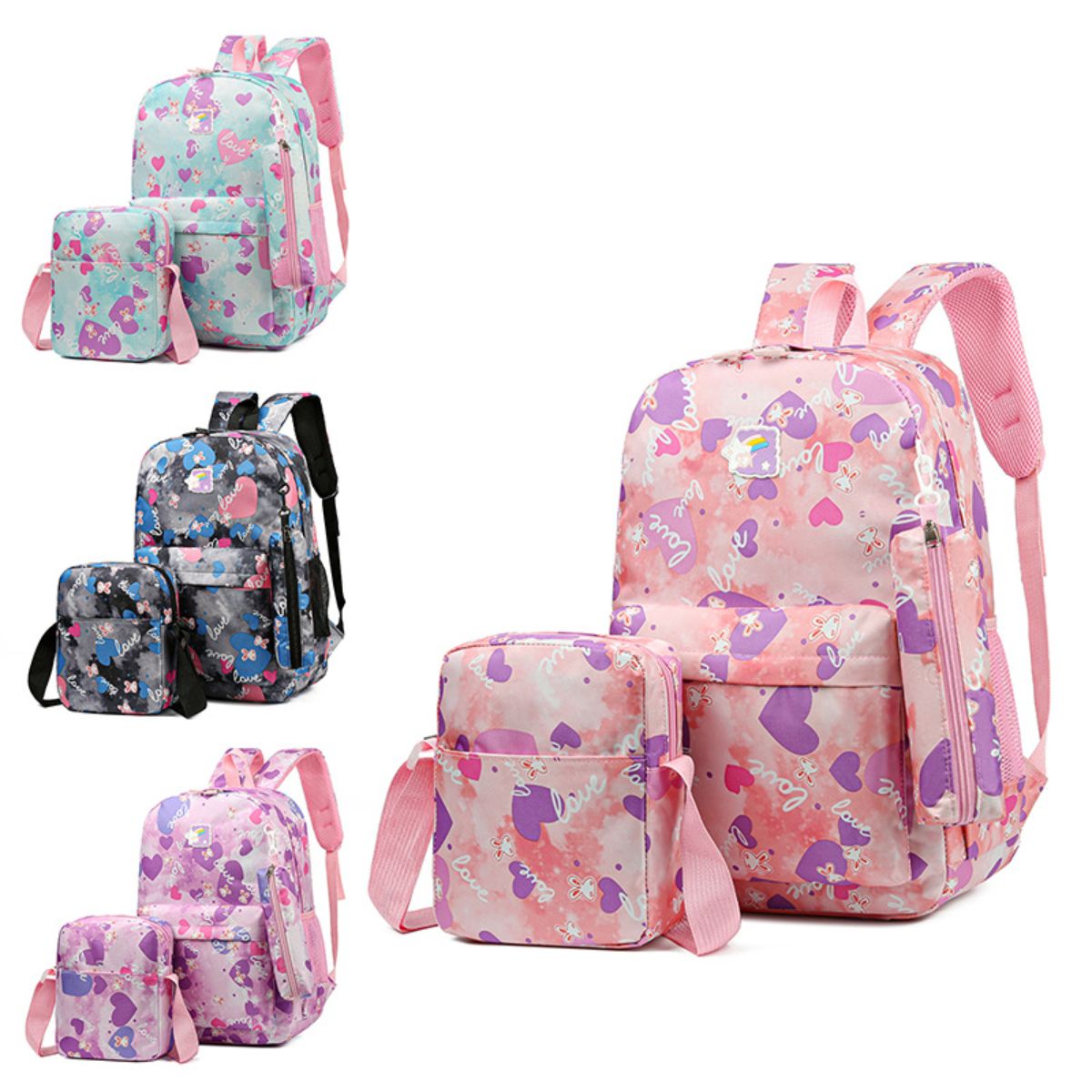 Three-piece backpack, sweet and cute leisure travel backpack, large capacity schoolbag for primary and secondary school students