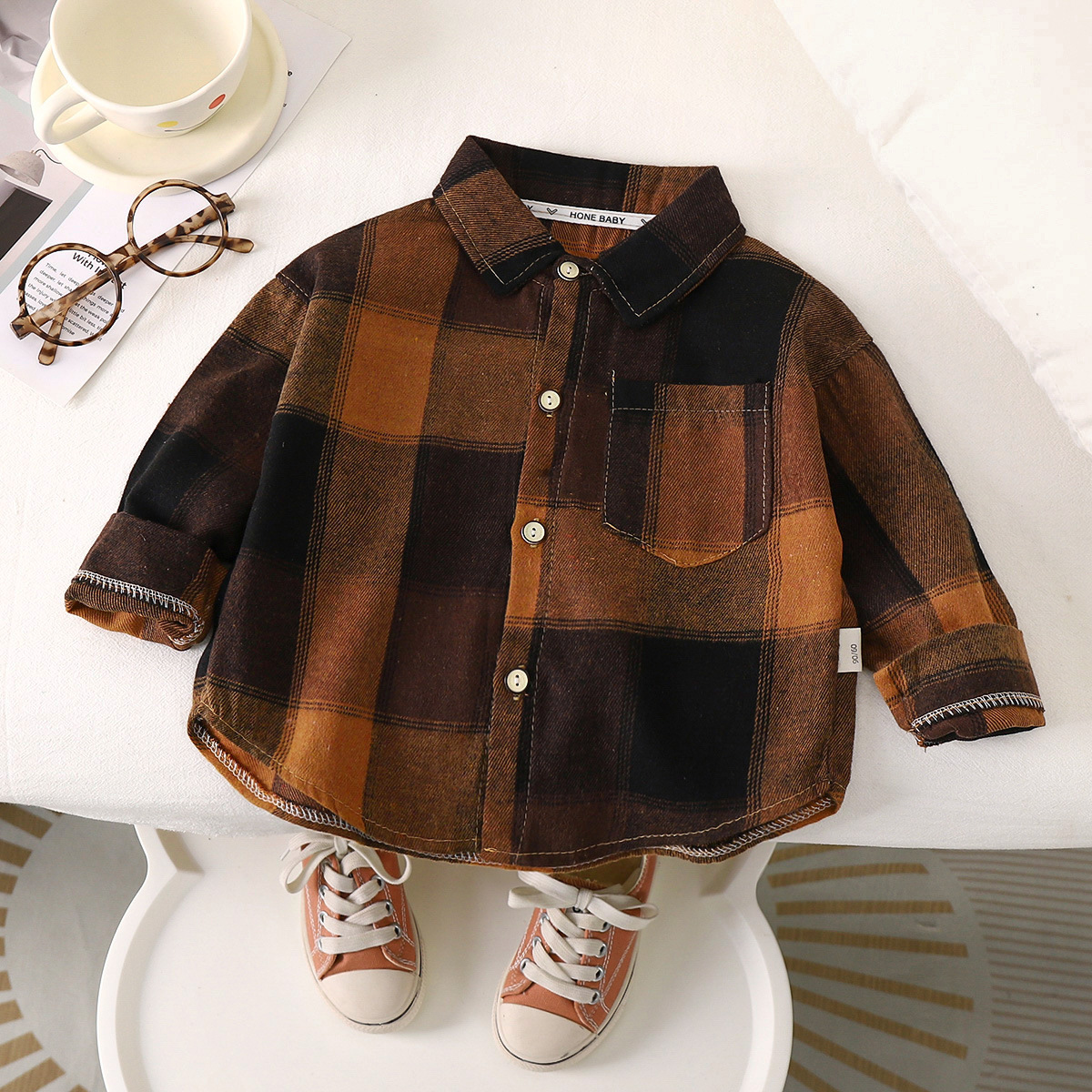 Autumn children's plaid coat shirt handsome casual long-sleeved shirt