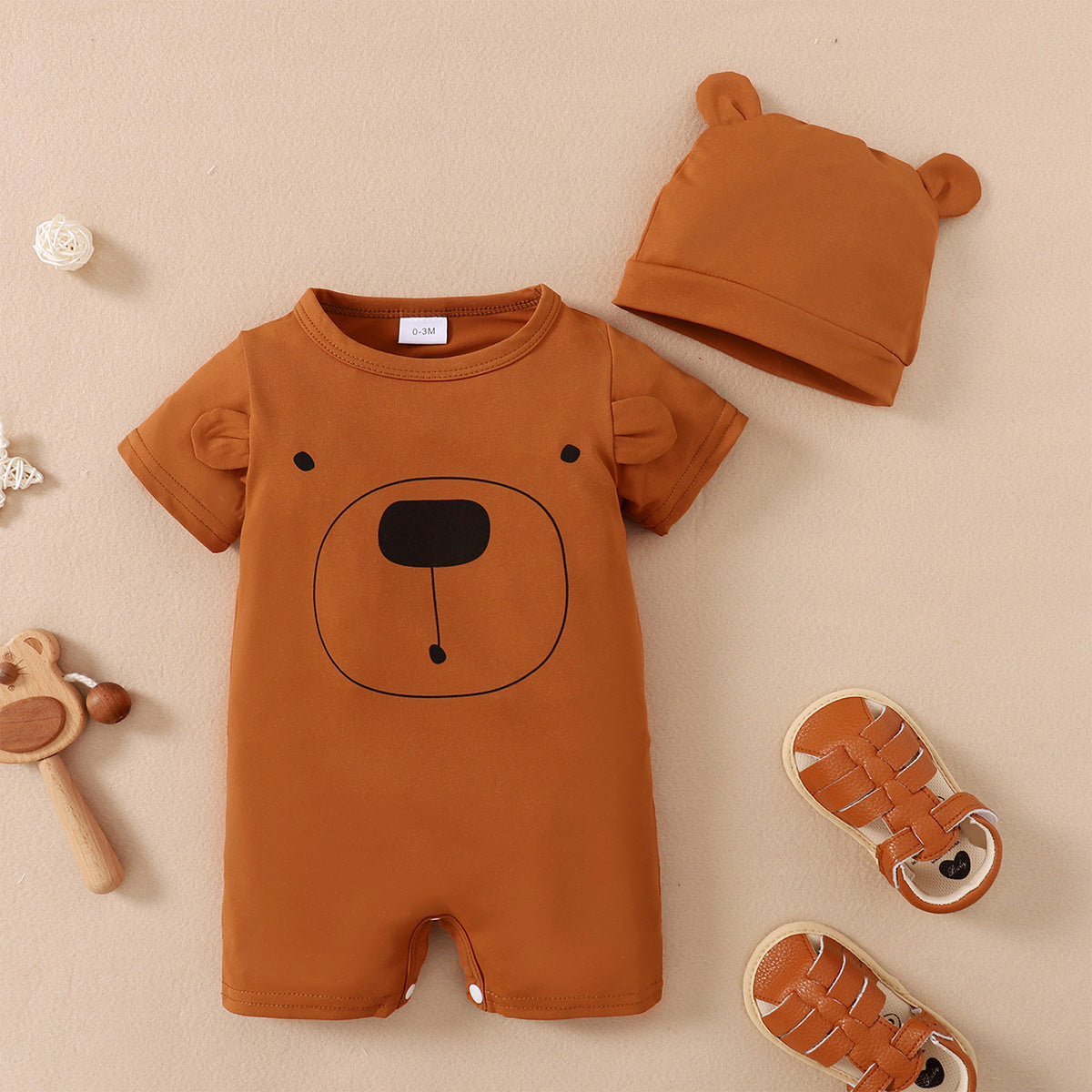 Baby Boy Bear Printed Short-sleeve Bodysuit With Hat