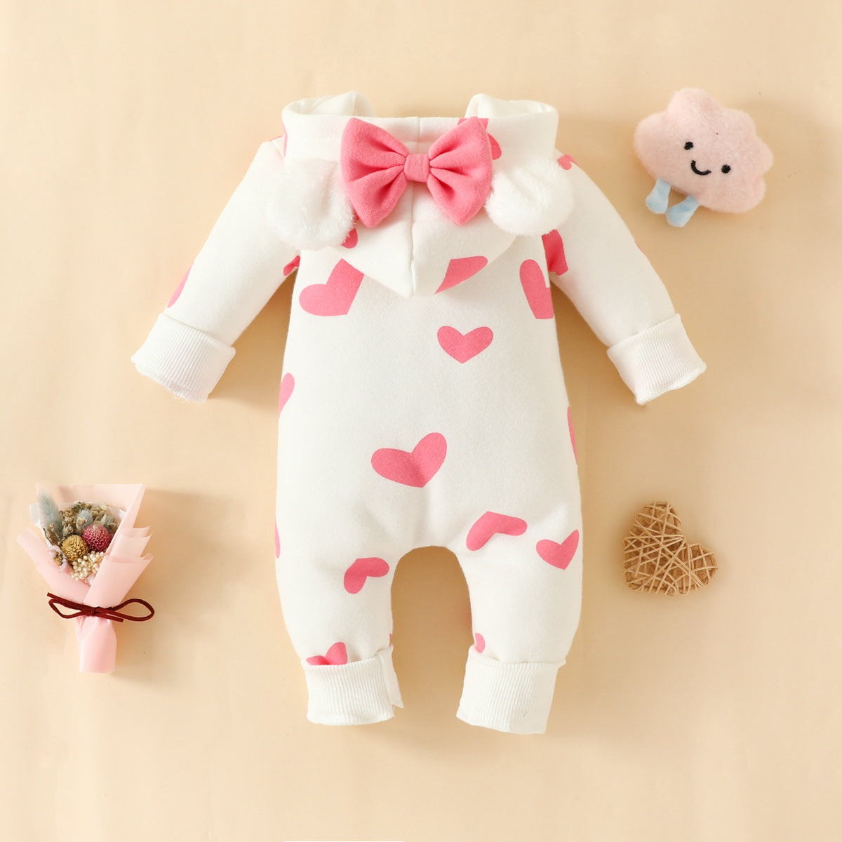 Baby Girl Allover Heart Printed Bowknot Decor Hooded Long-sleeved Long-leg Romper