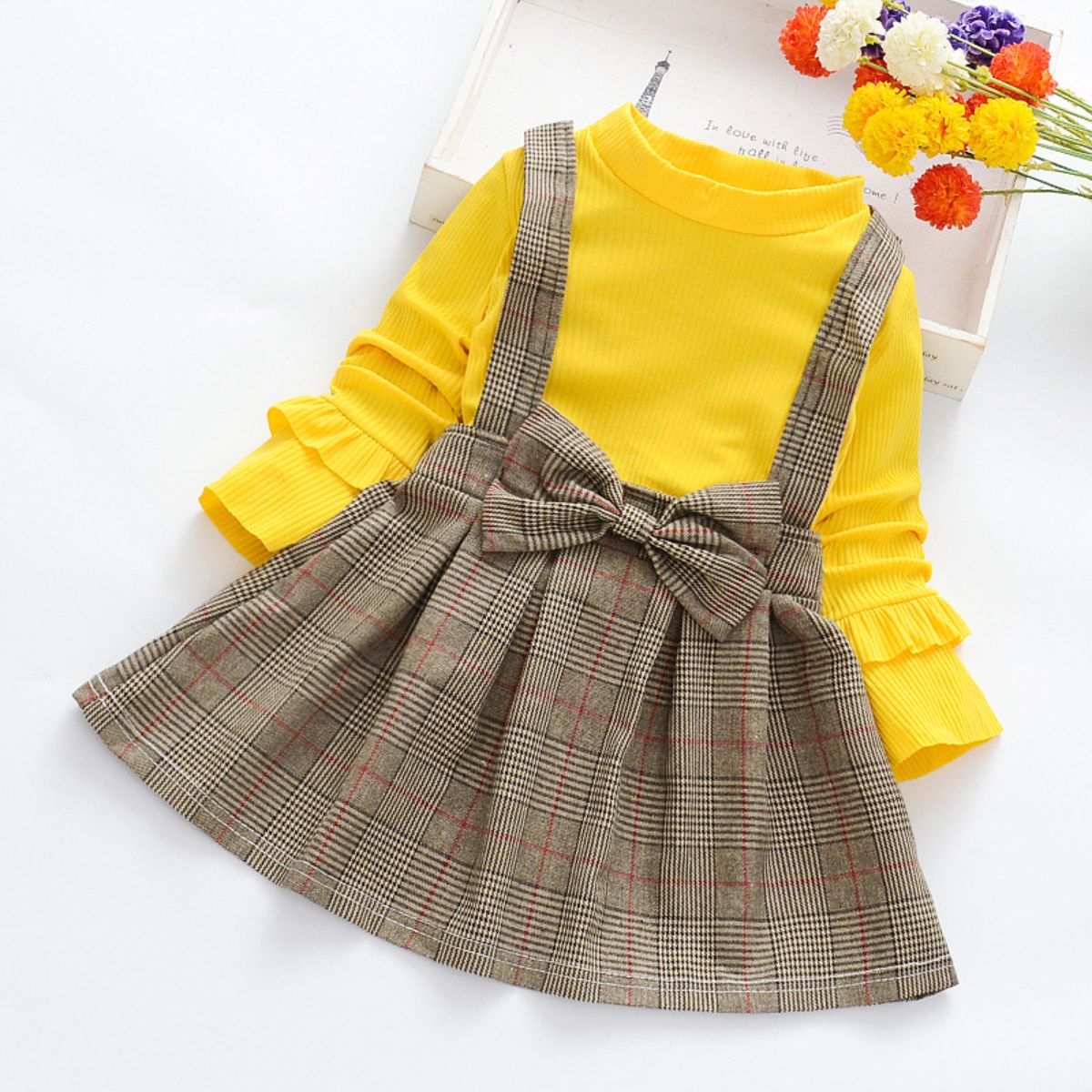 Girls dress spring and autumn baby fake 2 pieces fashionable children's skirt plaid little girl princess skirt