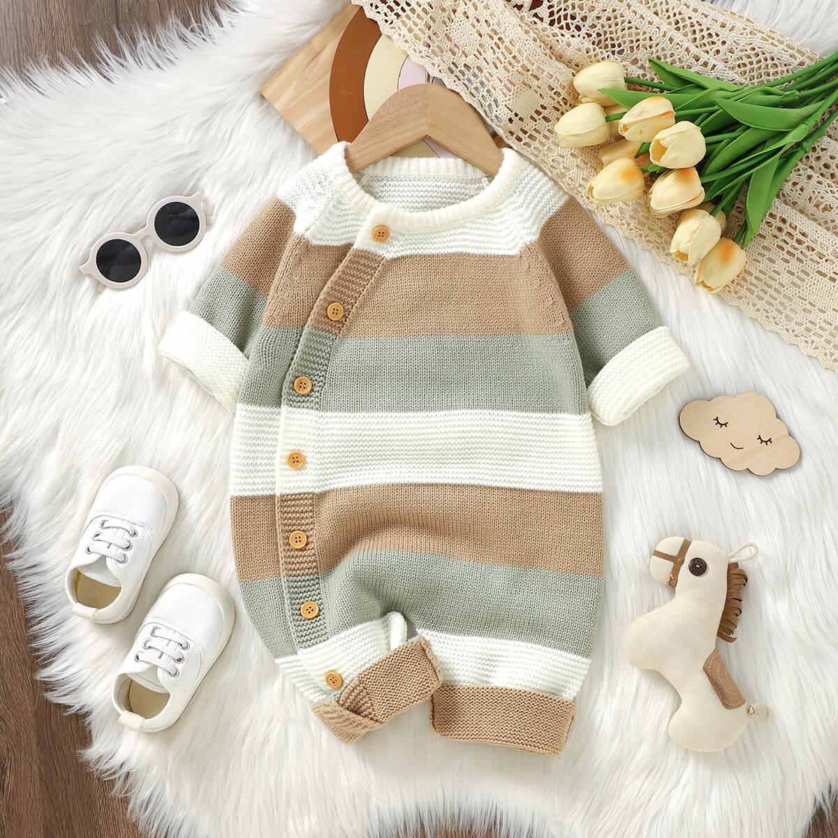 Baby patchwork one-piece knitted long-sleeved long-legged romper